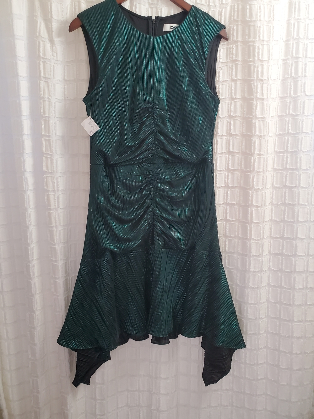 DKNY Emerald Green Metallic Ruched Handkerchief Hem Dress - Picture 2 of 12